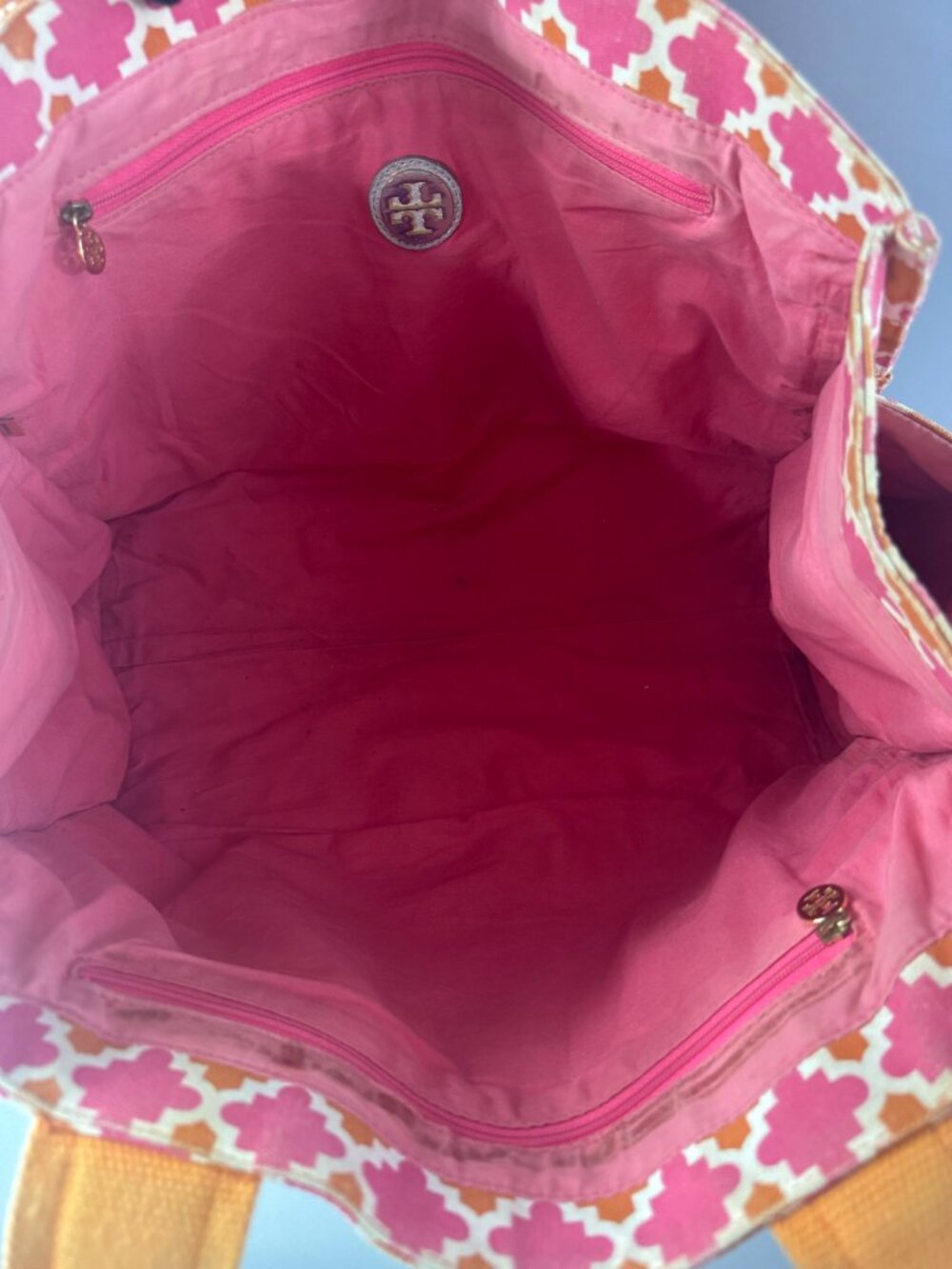 Tory Burch Orange/Pink Canvas w/Silver-tone Distressed Leather Large Tote Bag - Picture 10 of 15